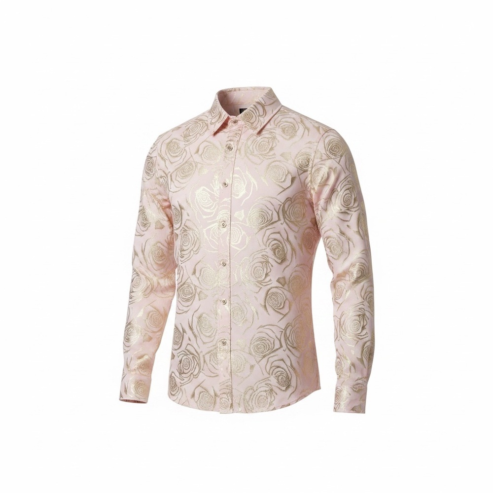 Zeroyaa Floral Men’s Shirt Pink Gold Metallic Print Slim Fit Party Dress L